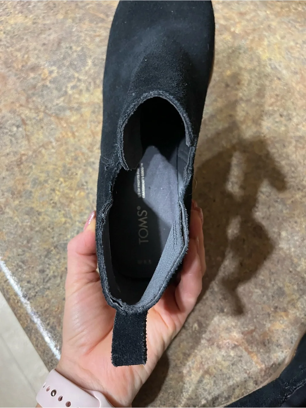 TOMS Black Suede Wedge Ankle Booties Cutout Stacked Heel Sz 8.5 Fall Winter